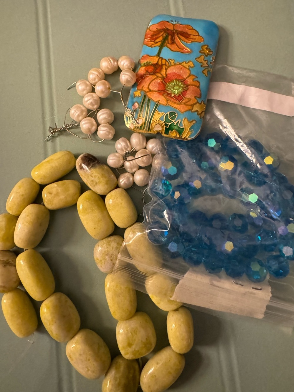 Artisan Floral Pendant with Blue Beads and Yellow Stone Necklace